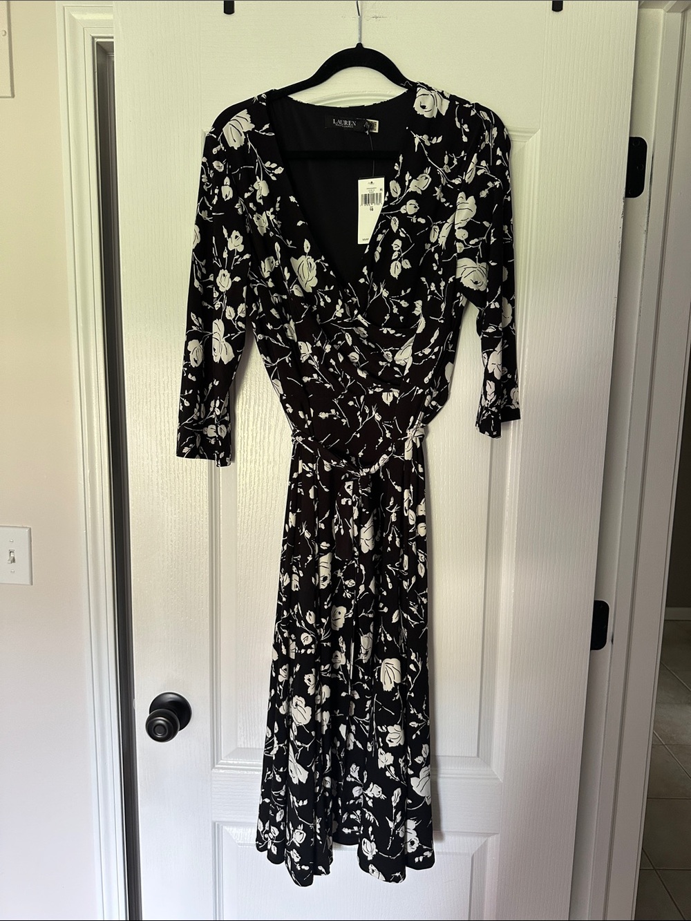Lauren Ralph Lauren Black and White Floral Midi Wrap Dress